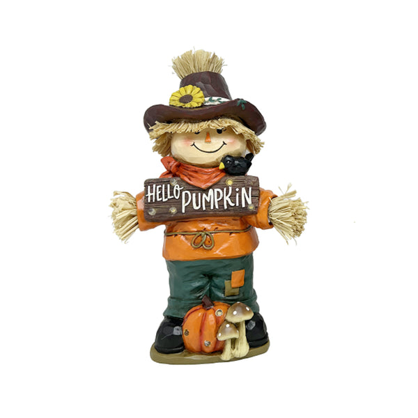 HAND PAINTED HARVEST SCARECROW GIRL WITH HELLO PUMPKIN SIGN