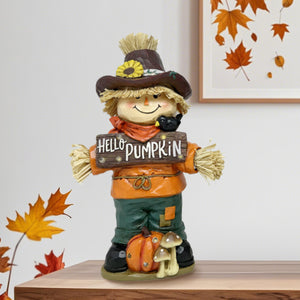 HAND PAINTED HARVEST SCARECROW GIRL WITH HELLO PUMPKIN SIGN