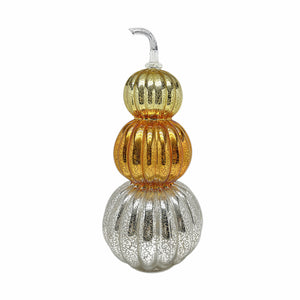 GLASS STACKED PUMPKINS. MERCURY GLASS GOLD/COPPER/SILVER. 19.7" HIGH.