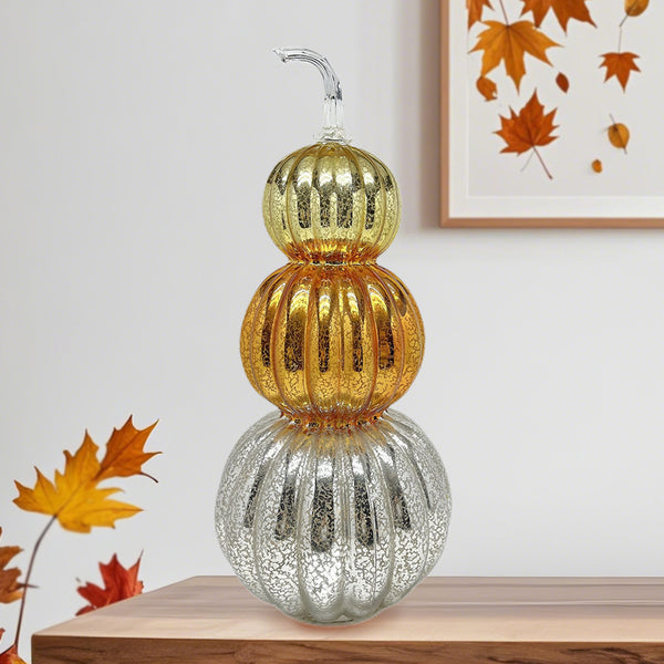 GLASS STACKED PUMPKINS. MERCURY GLASS GOLD/COPPER/SILVER. 19.7" HIGH.