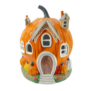 HAND PAINTED CERAMIC PUMPKIN VILLAGE HOUSE WITH FAUX WOOD DOOR