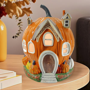 HAND PAINTED CERAMIC PUMPKIN VILLAGE HOUSE WITH FAUX WOOD DOOR