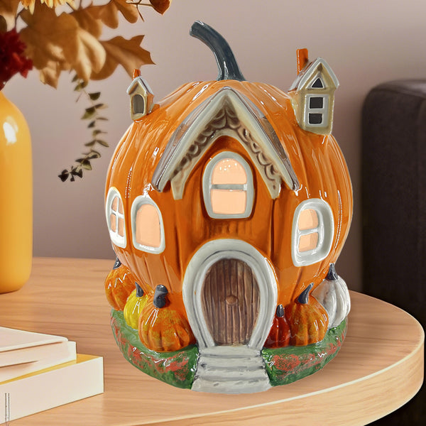 HAND PAINTED CERAMIC PUMPKIN VILLAGE HOUSE WITH FAUX WOOD DOOR