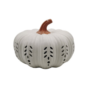 CERAMIC HARVEST PUMPKIN WITH CUTOUTS, WHITE