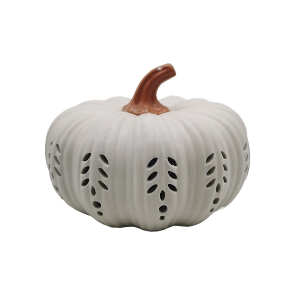 CERAMIC HARVEST PUMPKIN WITH CUTOUTS, WHITE