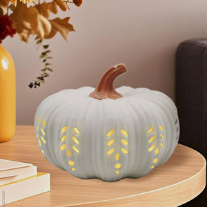 CERAMIC HARVEST PUMPKIN WITH CUTOUTS, WHITE