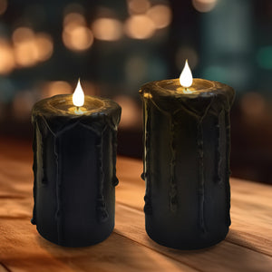 Set of 2 Black Drippy candle with pooled finish. 3in dia x 5in,6in H.