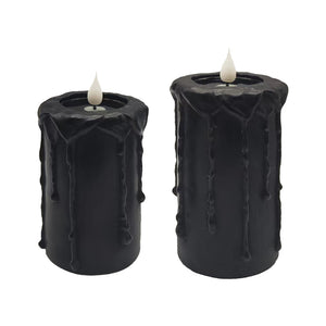 Set of 2 Black Drippy candle with pooled finish. 3in dia x 5in,6in H.