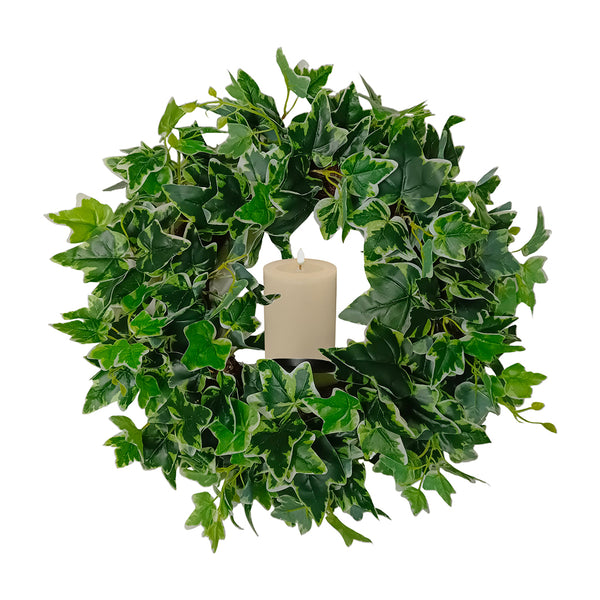 Candlelit Wreath in Variegated Ivy with Candle Holder. 24in dia.