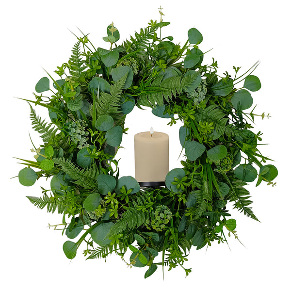 Candlelit Wreath in Mixed Foliage and Eucalyptus with Candle Holder. 24in dia