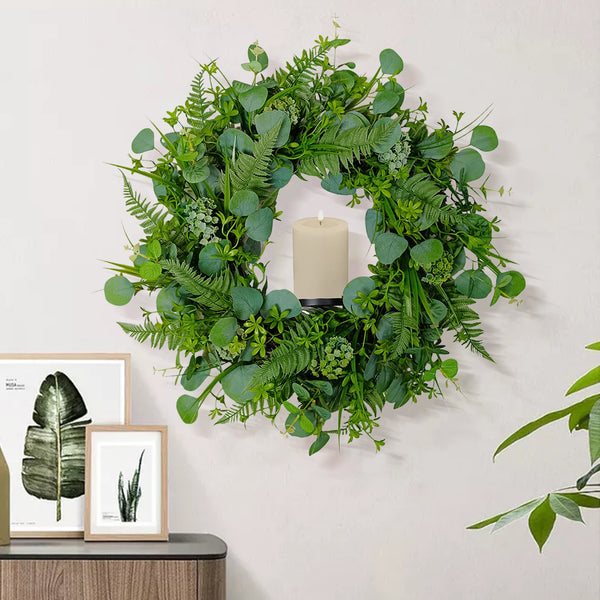 Candlelit Wreath in Mixed Foliage and Eucalyptus with Candle Holder. 24in dia