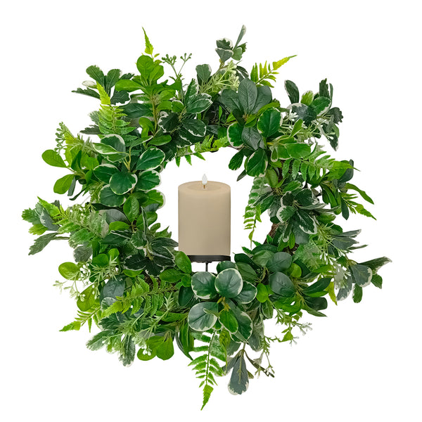 Candlelit Wreath in Mixed Fern and Pittosporum with Candle Holder. 24in dia