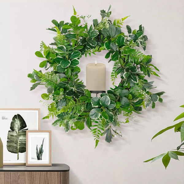 Candlelit Wreath in Mixed Fern and Pittosporum with Candle Holder. 24in dia