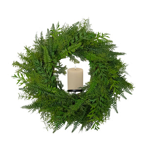 Candlelit Wreath in Mixed Forest Fern with Candle Holder. 24in dia