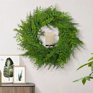 Candlelit Wreath in Mixed Forest Fern with Candle Holder. 24in dia