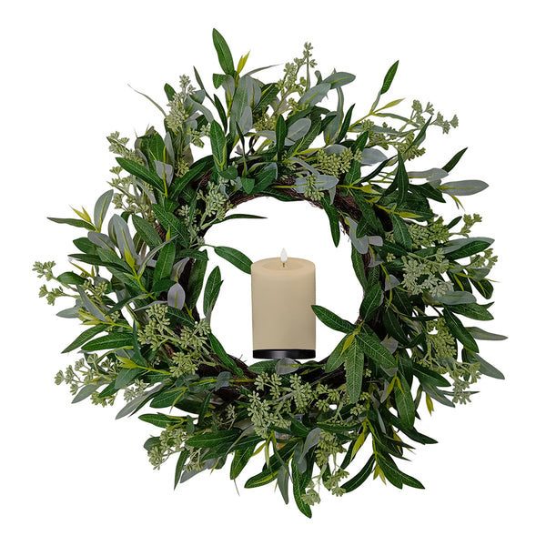 Candlelit Wreath in Mixed Eucalyptus with Candle Holder. 24in dia