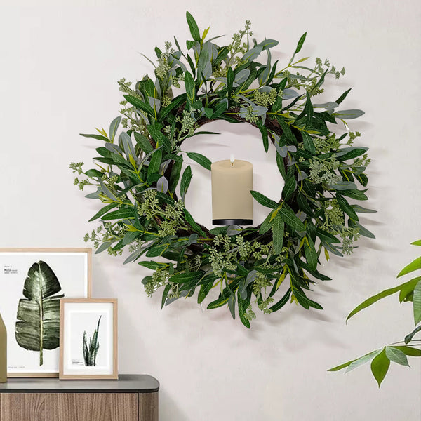 Candlelit Wreath in Mixed Eucalyptus with Candle Holder. 24in dia