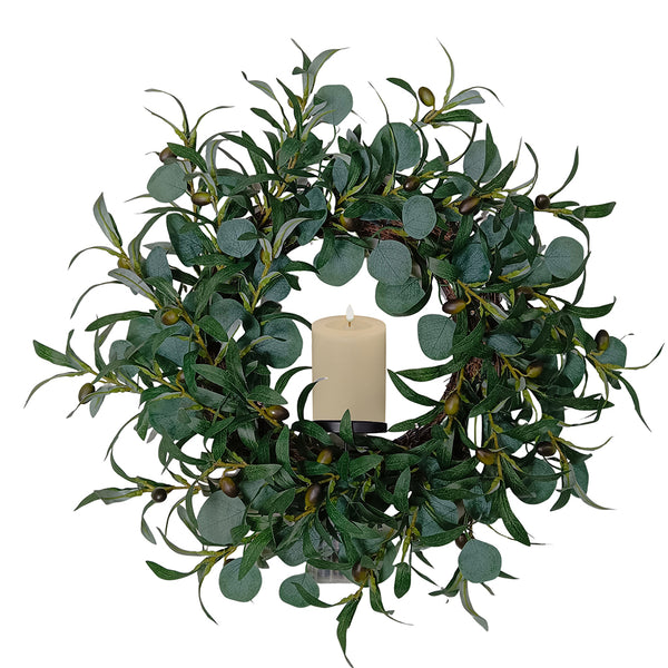 Candlelit Wreath in Eucalyptus and Olive Foliage with Candle Holder. 24in dia