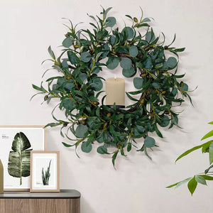 Candlelit Wreath in Eucalyptus and Olive Foliage with Candle Holder. 24in dia