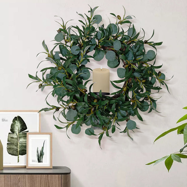 Candlelit Wreath in Eucalyptus and Olive Foliage with Candle Holder. 24in dia