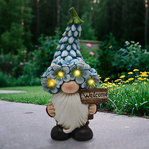 Polyresin Gnome with Blue Multi Flower Hat and Flower. Solar. 9.64in.