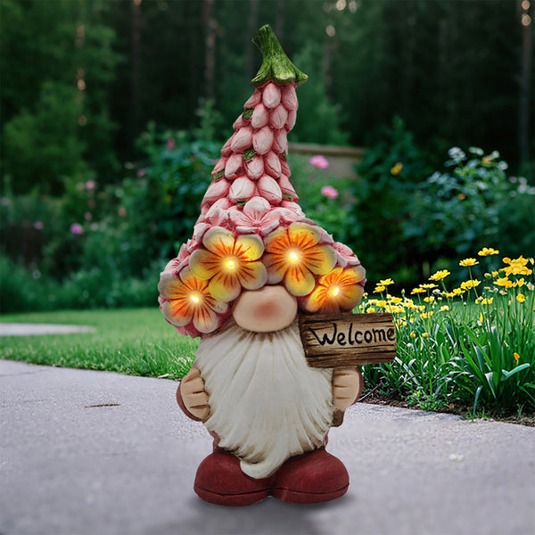 Polyresin Gnome with Purple Multi Flower Hat and Flower. Solar. 9.64in