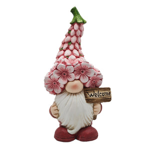 Polyresin Gnome with Purple Multi Flower Hat and Flower. Solar. 9.64in