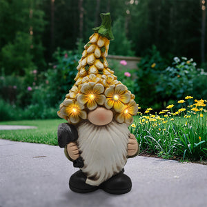 Polyresin Gnome with Yellow Multi Flower Hat and Shovel. Solar. 9.64in H.