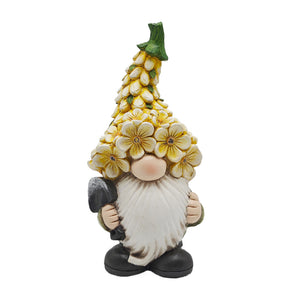 Polyresin Gnome with Yellow Multi Flower Hat and Shovel. Solar. 9.64in H.