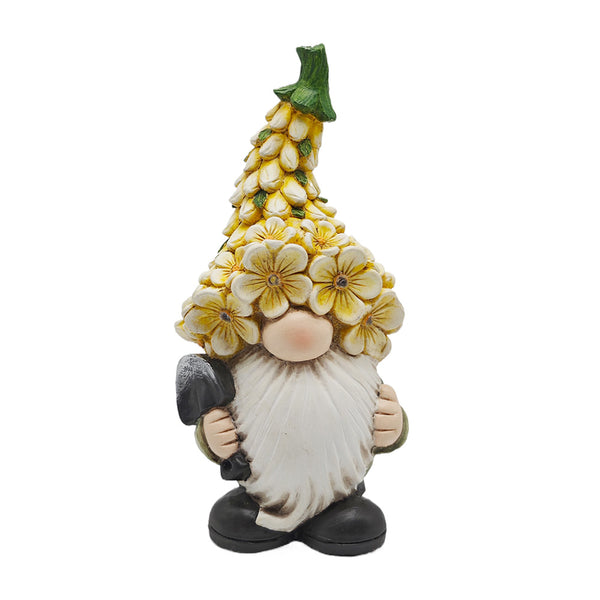 Polyresin Gnome with Yellow Multi Flower Hat and Shovel. Solar. 9.64in H.