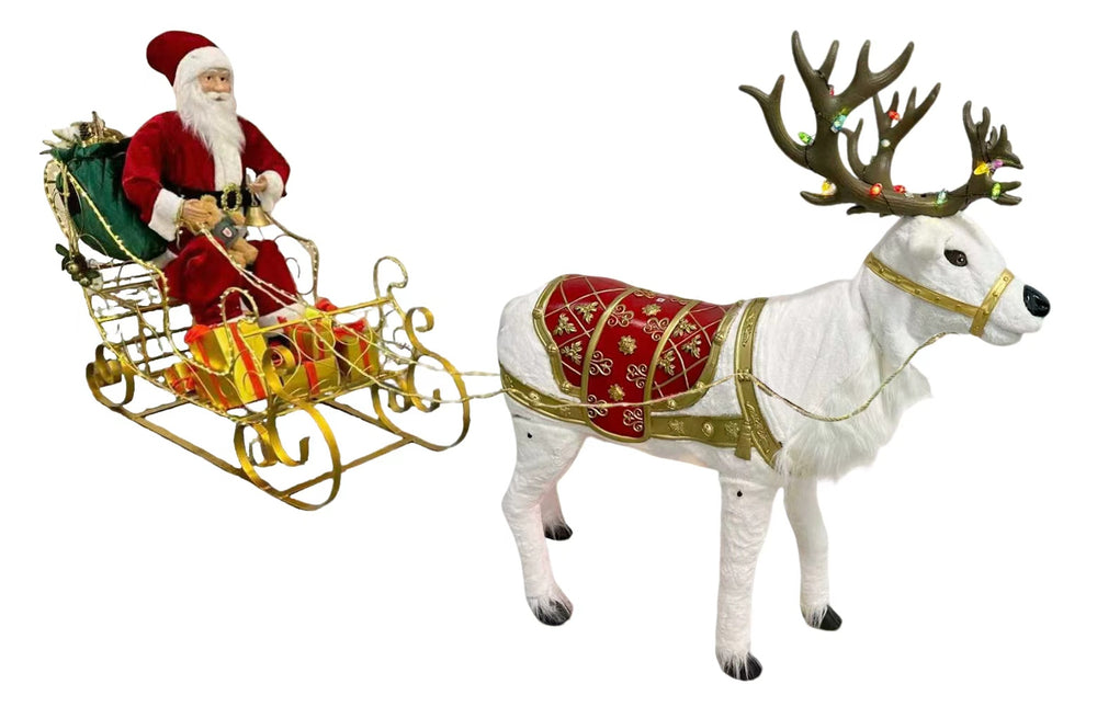 55.5“H Santa Claus Ride the Sled - White Reindeer with Music