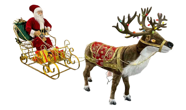 55.5“H Santa Claus Ride the Sled - Brown Reindeer with Music
